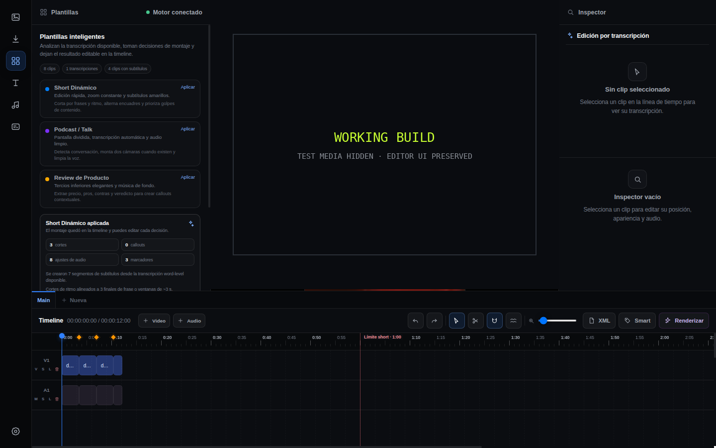 ShortDriGo working editor showing transcript-driven templates, timeline controls and render actions